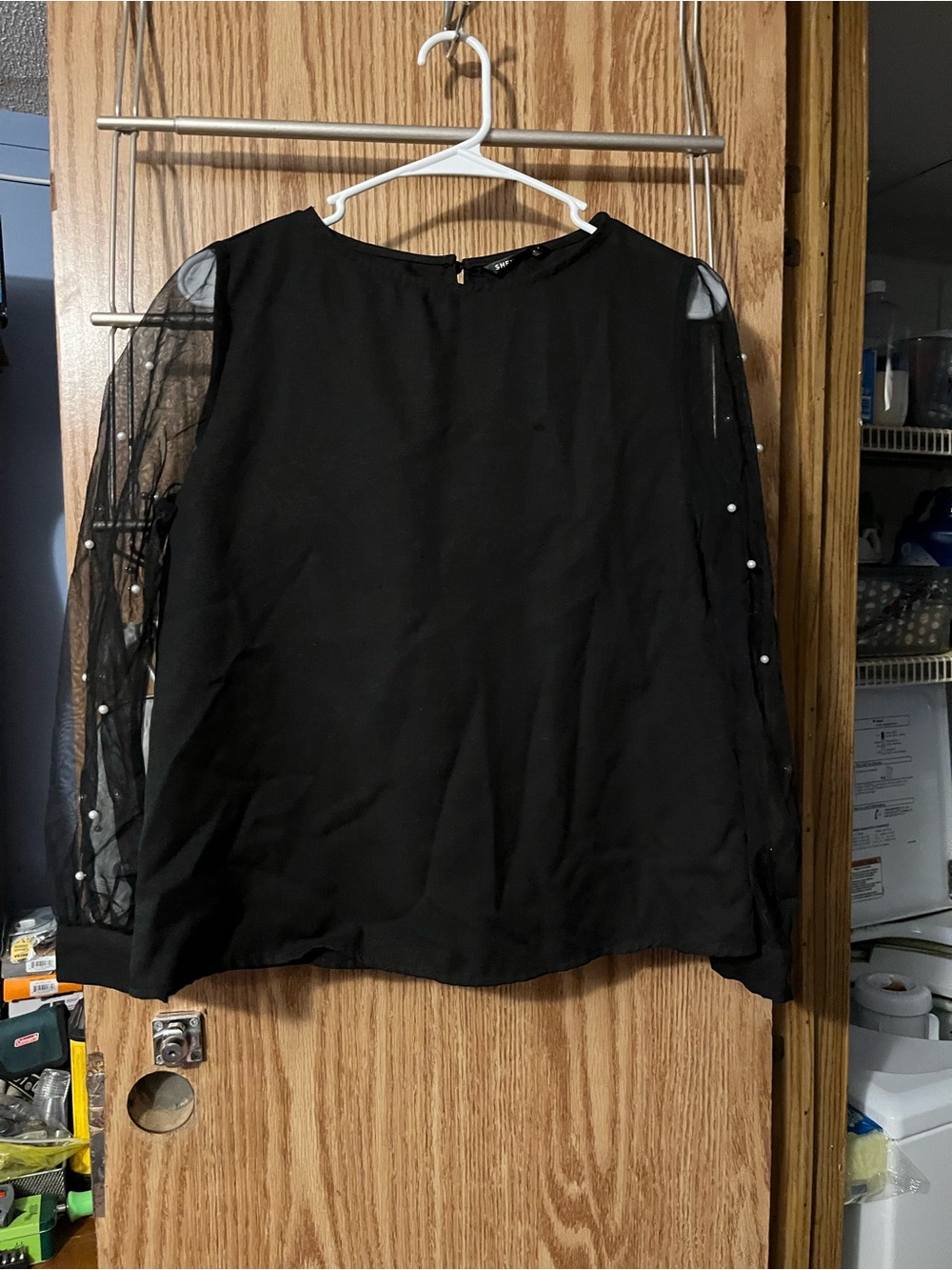 SHEIN Black Blouse with Sheer Pearl-Embellished Sleeves